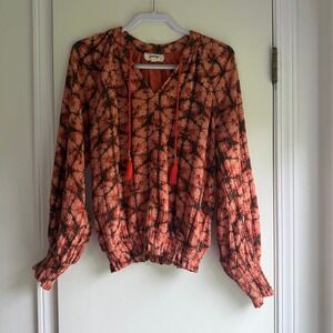 Porridge Clothing Orange Black Tie Dye Smocked Peasant Blouse Small